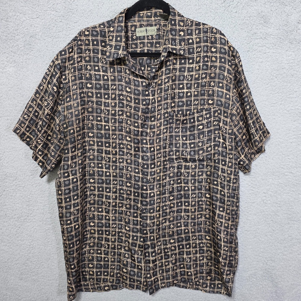 Vtg Robert Stock Mens Silk Short Sleeve Pocket Black Tan Geometric Large